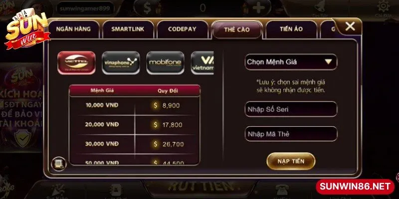 Nạp Tiền Sunwin Nhanh Chóng, An Toàn Qua Nhiều Hình Thức 4 Sunwin Nạp tiền Sunwin bằng thẻ cào điện thoại tiện lợi, nhanh chóng